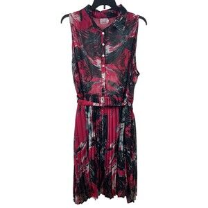 Swak Sleeveless Sheer Lined Midi Red Floral Flowy Button Top Pleated 5x Dress